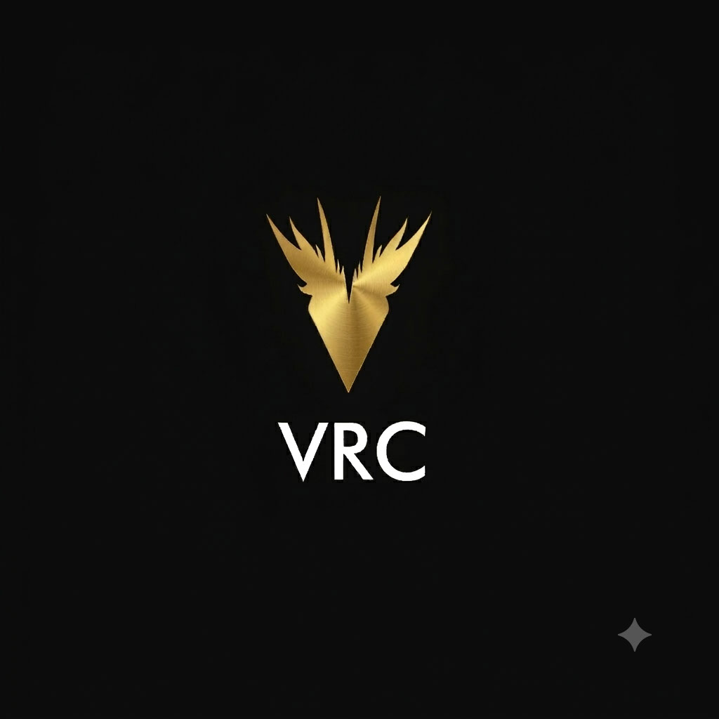 VRC company logo — elegant gold monogram on dark background